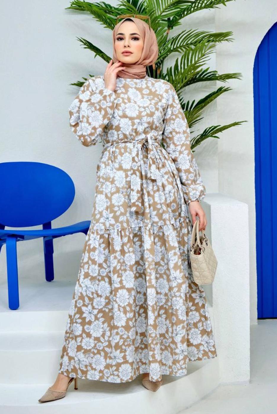Hijab clothing BEIGE FLORAL PATTERN BELTED DRESS 32140 