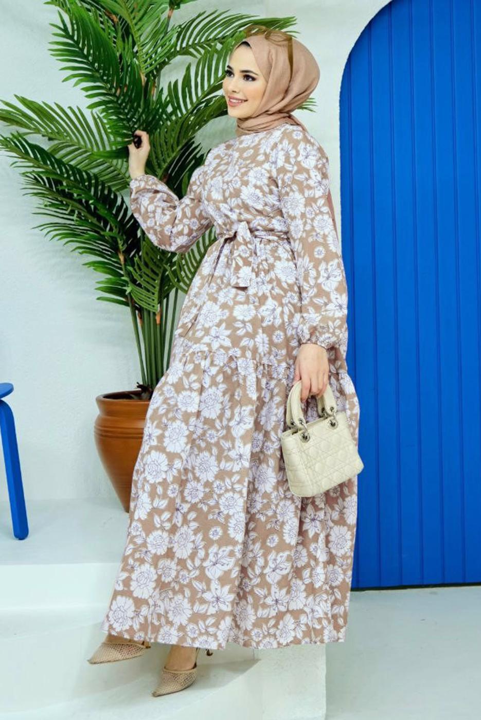 Hijab clothing BEIGE FLORAL PATTERN BELTED DRESS 32140 