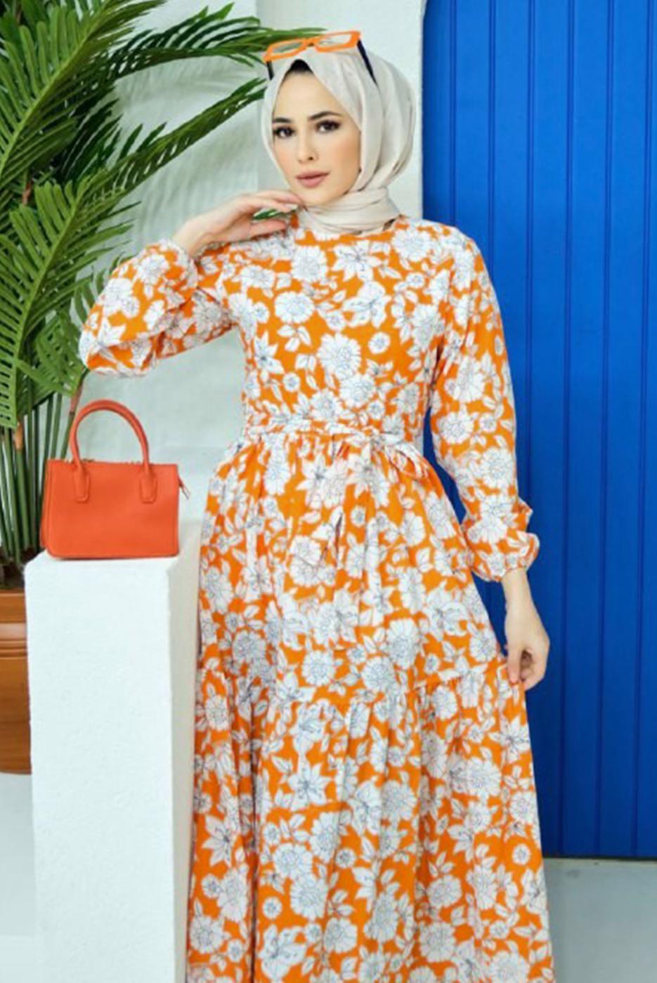 Hijab clothing ORANGE FLORAL PATTERN BELTED DRESS 32140 