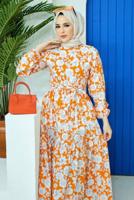 Hijab clothing ORANGE FLORAL PATTERN BELTED DRESS 32140 