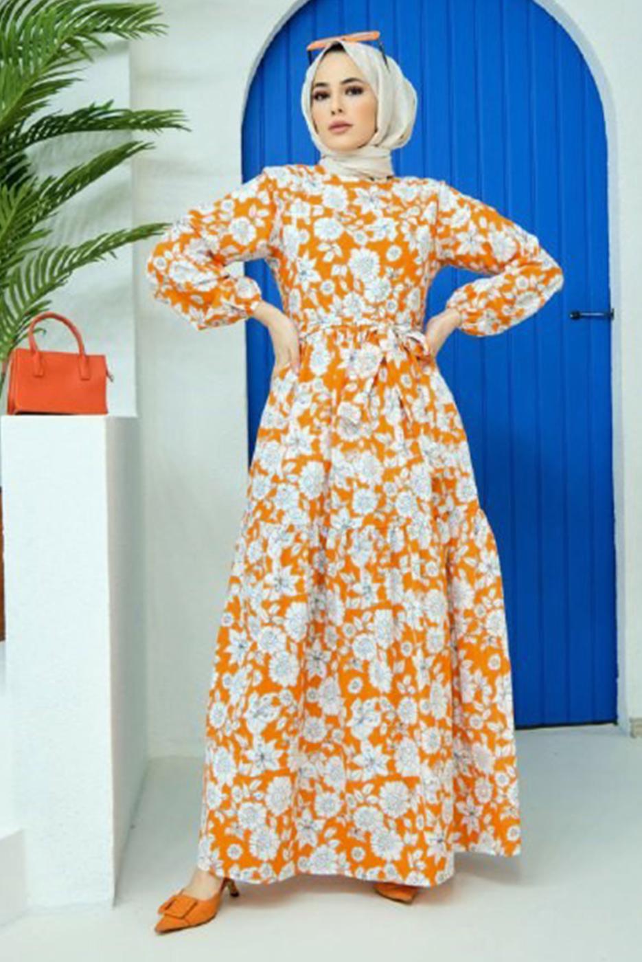 Hijab clothing ORANGE FLORAL PATTERN BELTED DRESS 32140 