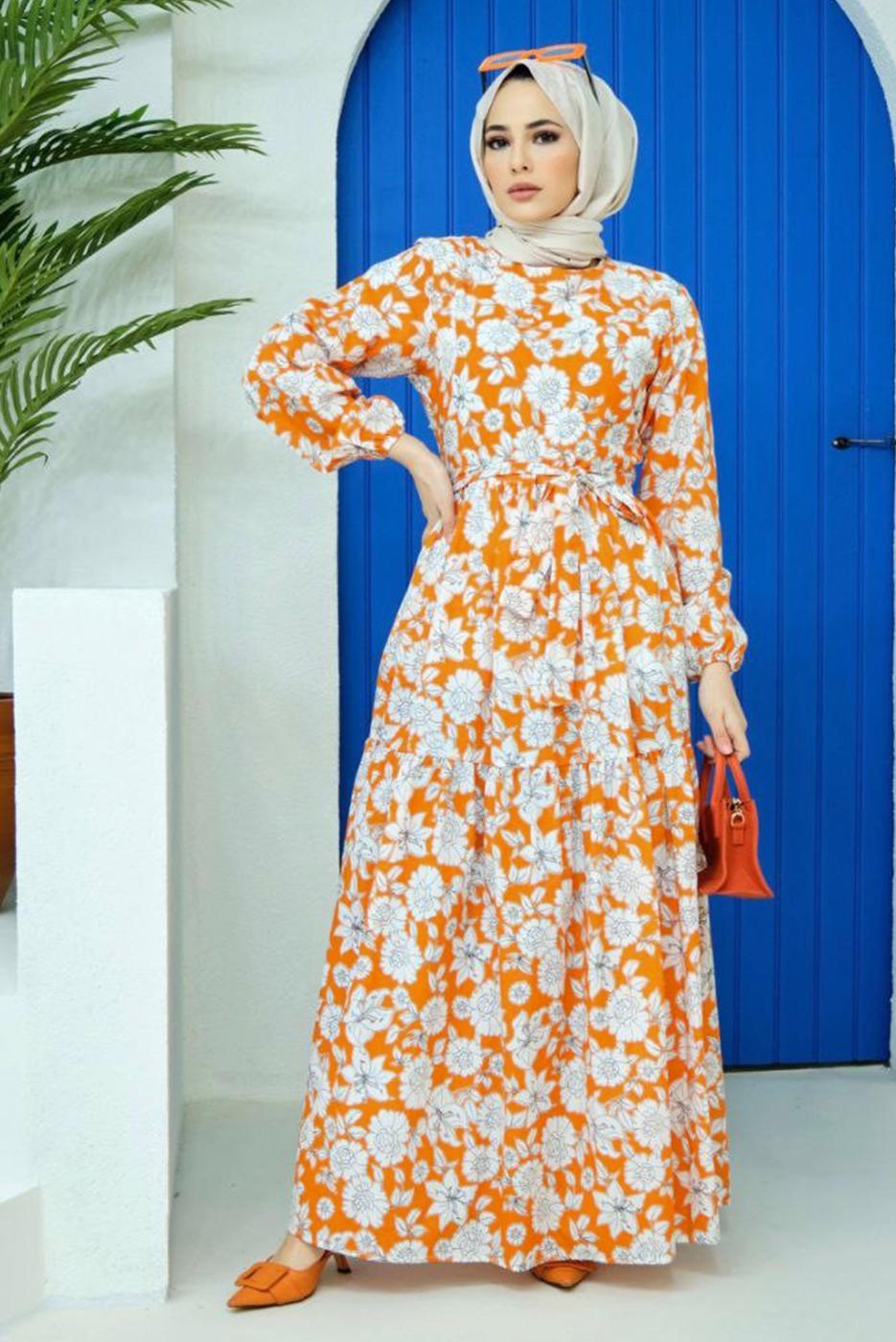 Hijab clothing ORANGE FLORAL PATTERN BELTED DRESS 32140 