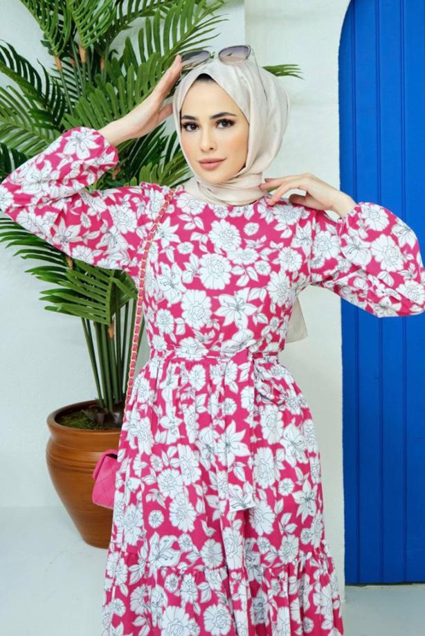 Tesettür giyim  ÇİÇEK DESENLİ KUŞAKLI ELBİSE 32140  - TRENDTESETTÜR