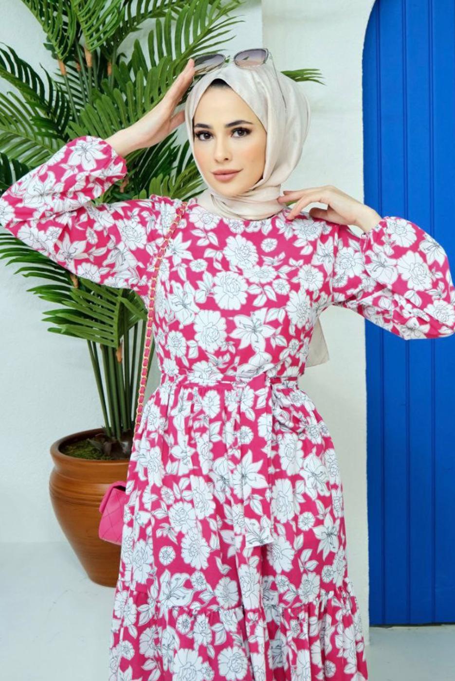 Tesettür giyim FUŞYA ÇİÇEK DESENLİ KUŞAKLI ELBİSE 32140 