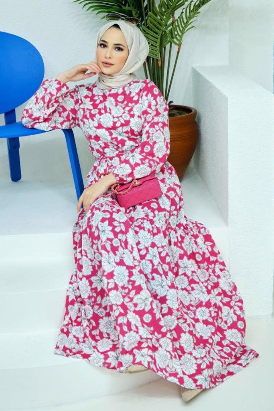 Tesettür giyim FUŞYA ÇİÇEK DESENLİ KUŞAKLI ELBİSE 32140 