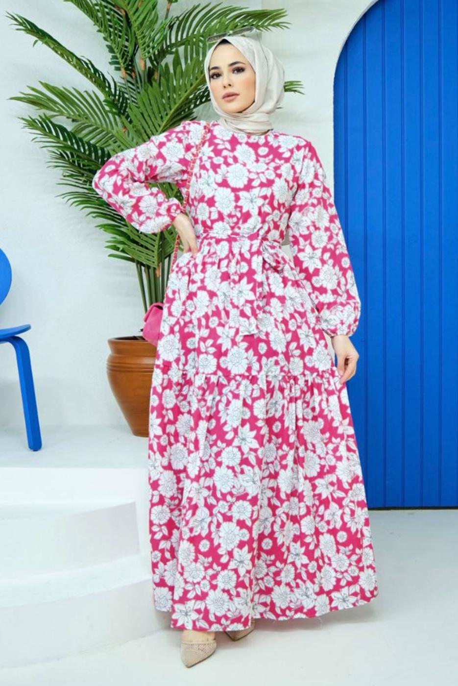 Tesettür giyim FUŞYA ÇİÇEK DESENLİ KUŞAKLI ELBİSE 32140 