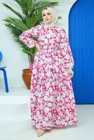 Tesettür giyim FUŞYA ÇİÇEK DESENLİ KUŞAKLI ELBİSE 32140 