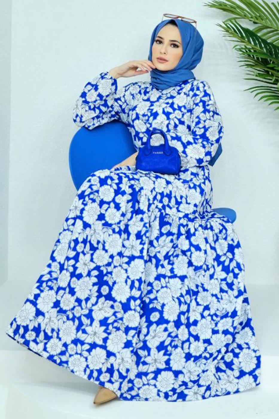 Vêtements hijab BLEU MARINE ROBE CEINTURÉE MOTIF FLEURI 32140