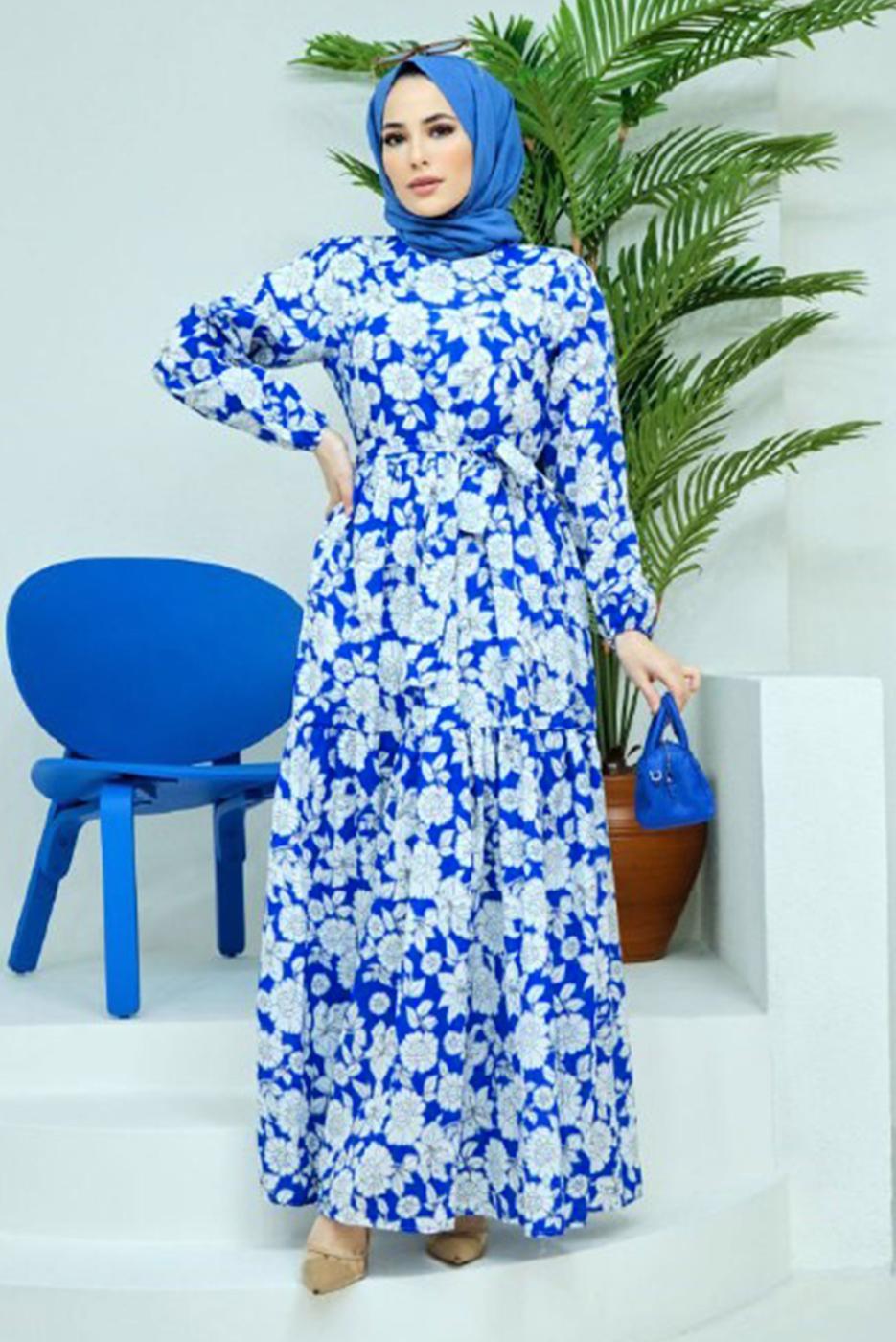 Vêtements hijab BLEU MARINE ROBE CEINTURÉE MOTIF FLEURI 32140