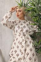 Tesettür giyim KAHVE ETEĞİ BÜZGÜLÜ DESENLİ KETEN ELBİSE 3632 