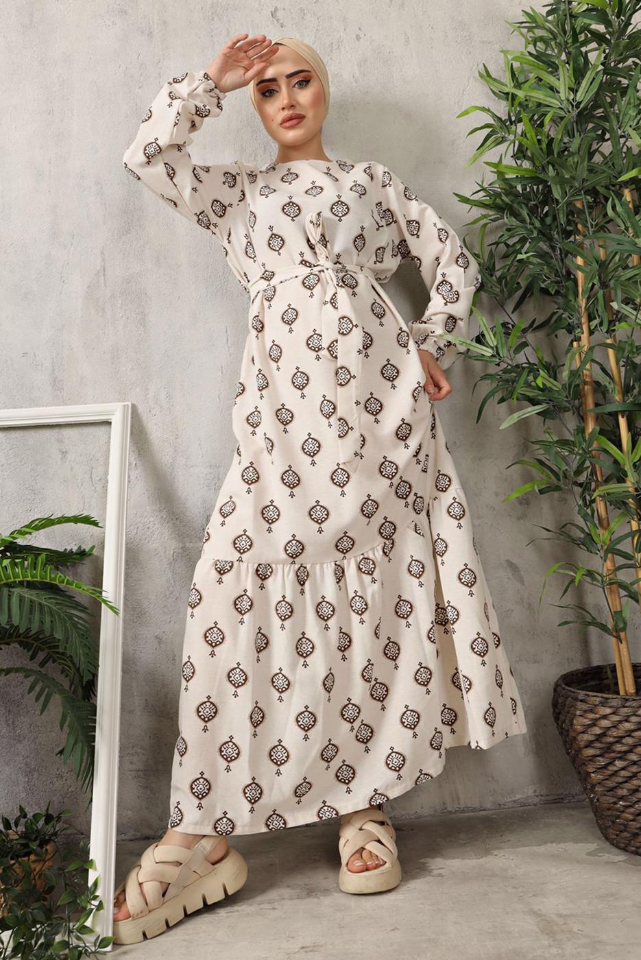 Tesettür giyim KAHVE ETEĞİ BÜZGÜLÜ DESENLİ KETEN ELBİSE 3632 