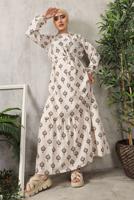 Tesettür giyim KAHVE ETEĞİ BÜZGÜLÜ DESENLİ KETEN ELBİSE 3632 