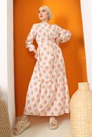 Tesettür giyim TURUNCU ETEĞİ BÜZGÜLÜ DESENLİ KETEN ELBİSE 3632 