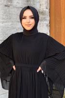 Tesettür giyim SİYAH PİLİSELİ KUŞAKLI ELBİSE T 4043