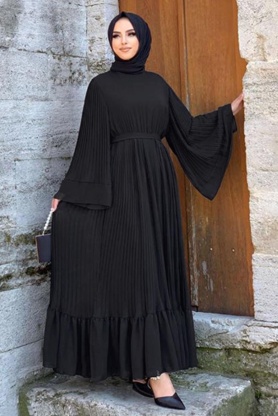 Tesettür giyim SİYAH PİLİSELİ KUŞAKLI ELBİSE T 4043