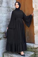 Tesettür giyim SİYAH PİLİSELİ KUŞAKLI ELBİSE T 4043