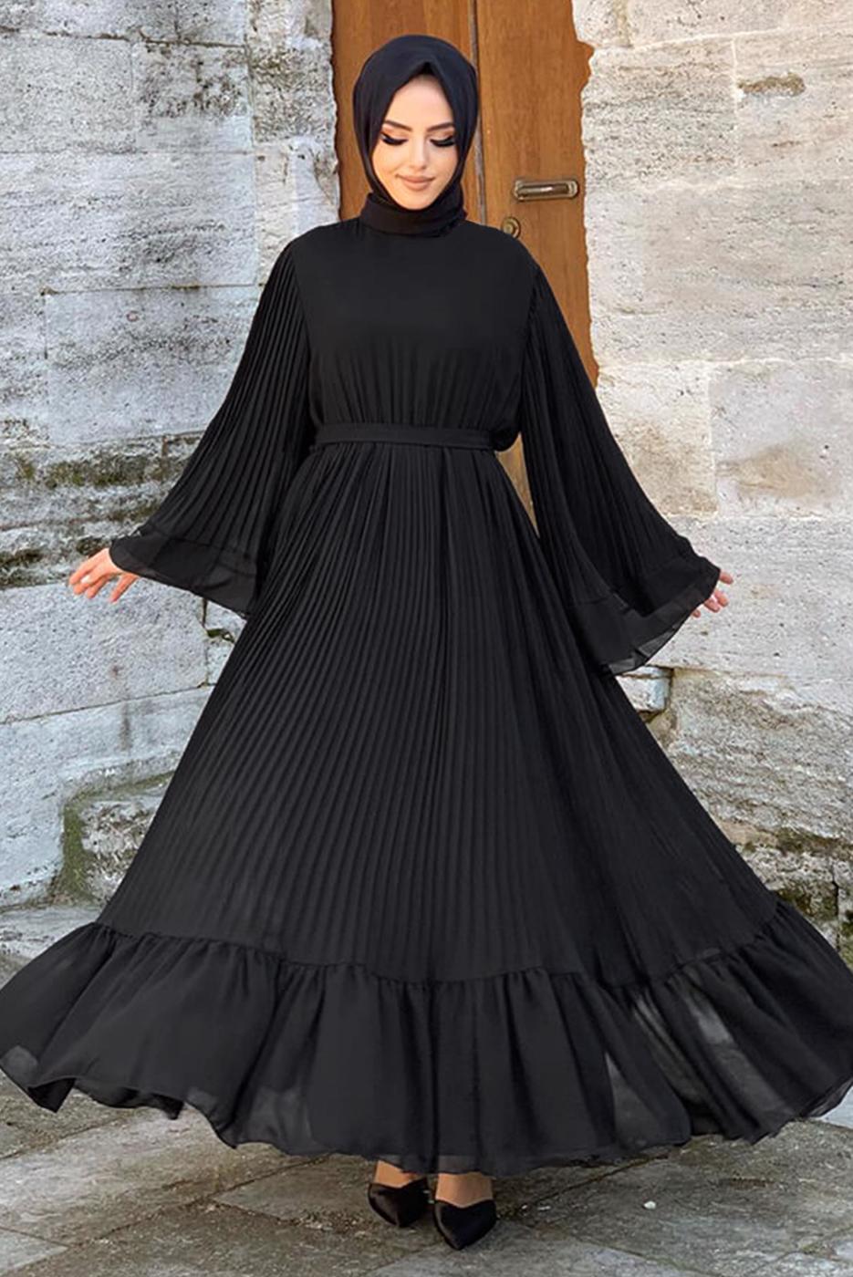 Tesettür giyim SİYAH PİLİSELİ KUŞAKLI ELBİSE T 4043