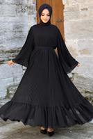 Tesettür giyim SİYAH PİLİSELİ KUŞAKLI ELBİSE T 4043