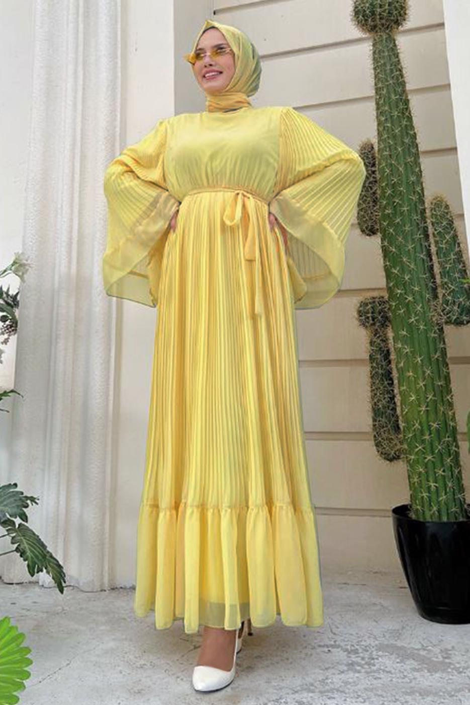 Tesettür giyim SARI PİLİSELİ KUŞAKLI ELBİSE T 4043