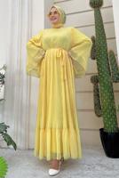 Tesettür giyim SARI PİLİSELİ KUŞAKLI ELBİSE T 4043