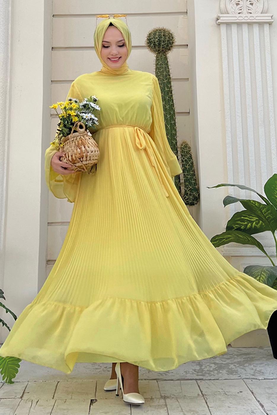 Tesettür giyim SARI PİLİSELİ KUŞAKLI ELBİSE T 4043