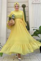 Tesettür giyim SARI PİLİSELİ KUŞAKLI ELBİSE T 4043