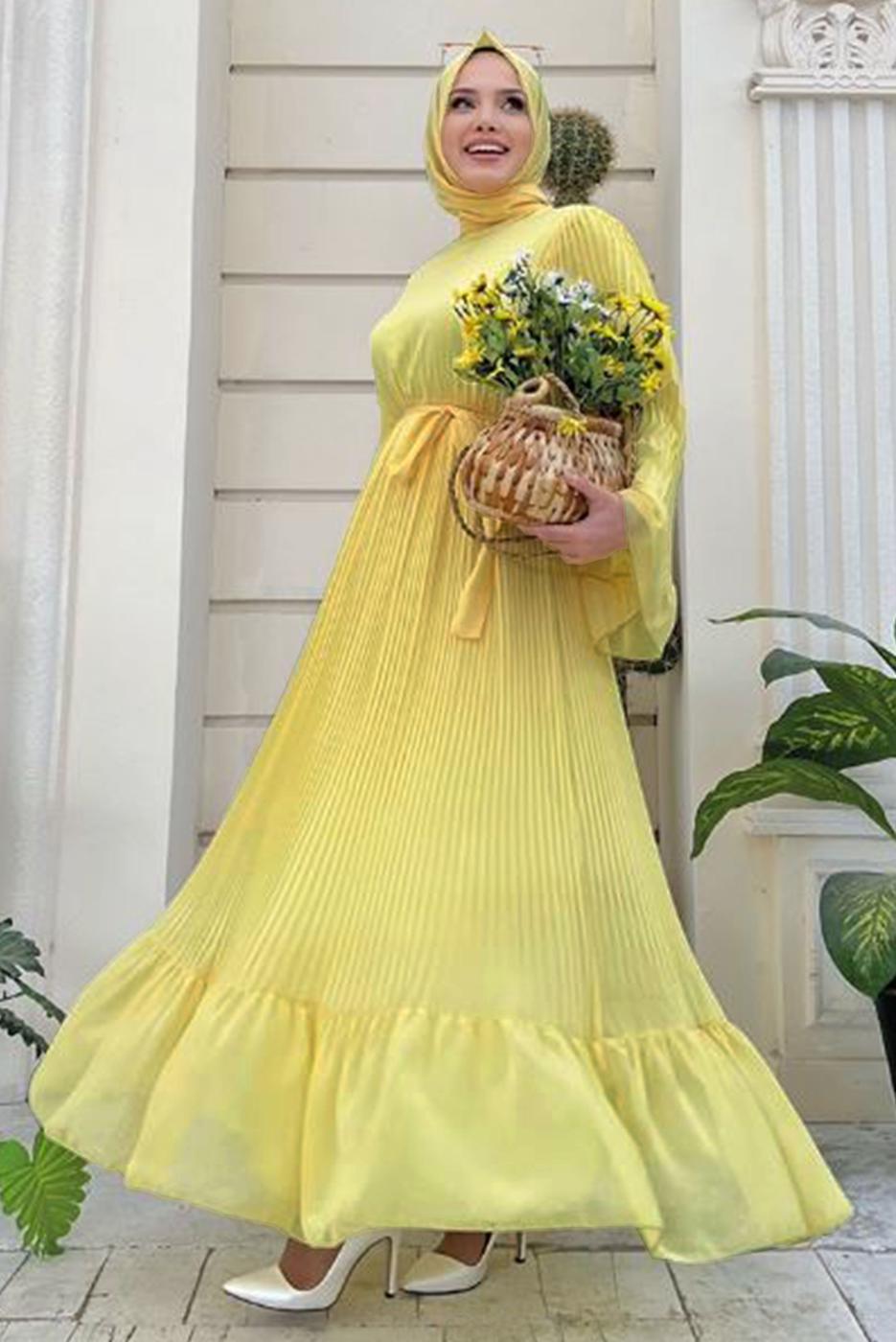 Tesettür giyim SARI PİLİSELİ KUŞAKLI ELBİSE T 4043