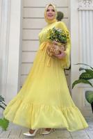 Tesettür giyim SARI PİLİSELİ KUŞAKLI ELBİSE T 4043