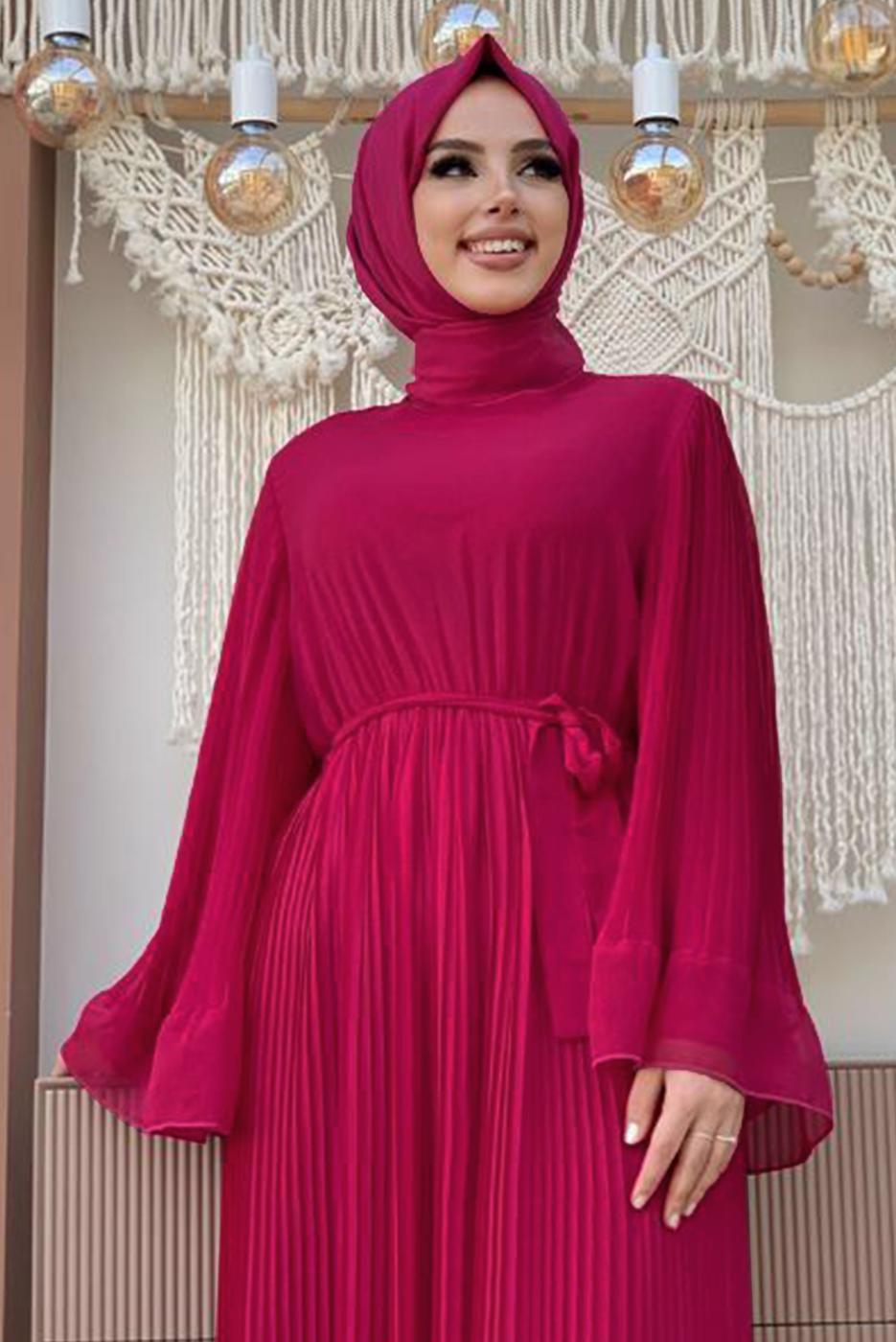 Tesettür giyim FUŞYA PİLİSELİ KUŞAKLI ELBİSE T 4043