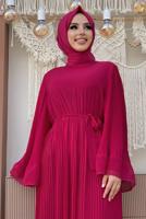 Tesettür giyim FUŞYA PİLİSELİ KUŞAKLI ELBİSE T 4043