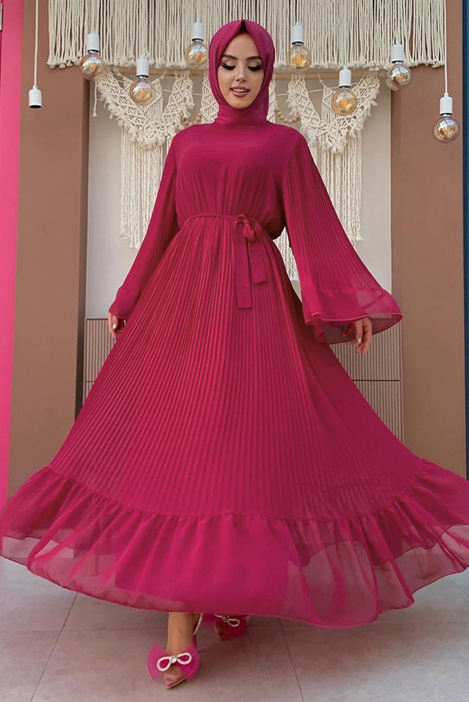Tesettür giyim FUŞYA PİLİSELİ KUŞAKLI ELBİSE T 4043