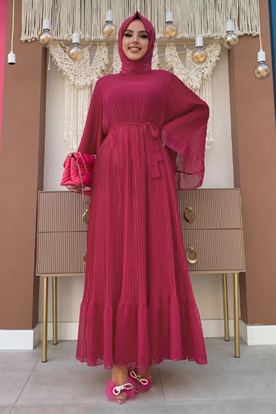 Tesettür giyim FUŞYA PİLİSELİ KUŞAKLI ELBİSE T 4043