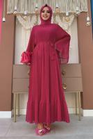 Tesettür giyim FUŞYA PİLİSELİ KUŞAKLI ELBİSE T 4043