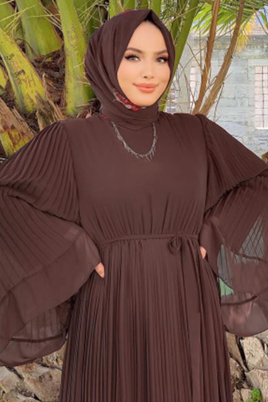 Tesettür giyim KAHVE PİLİSELİ KUŞAKLI ELBİSE T 4043