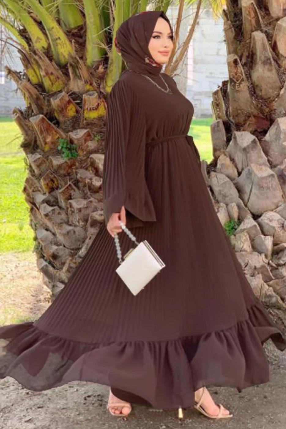 Tesettür giyim KAHVE PİLİSELİ KUŞAKLI ELBİSE T 4043