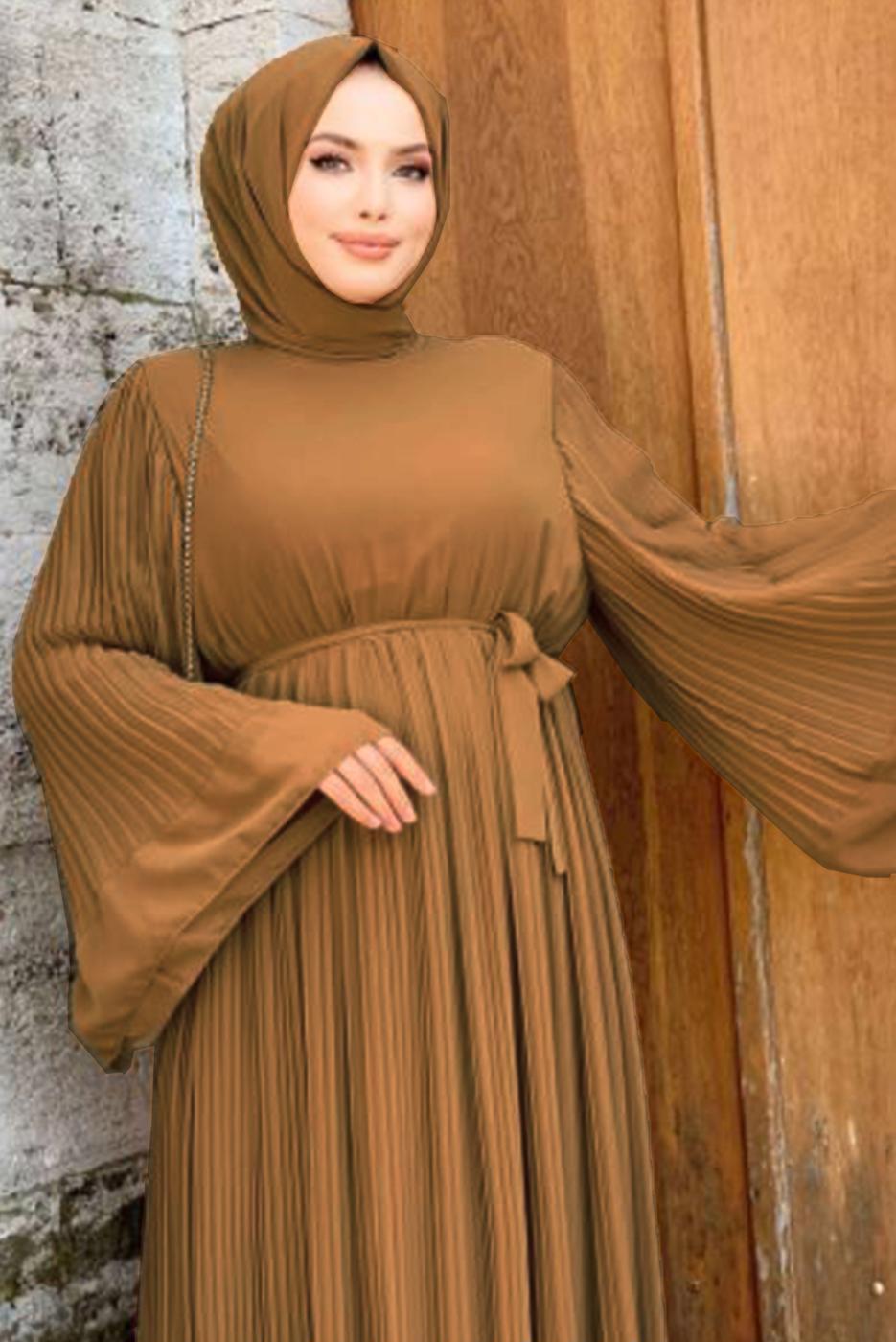 Tesettür giyim TABA PİLİSELİ KUŞAKLI ELBİSE T 4043