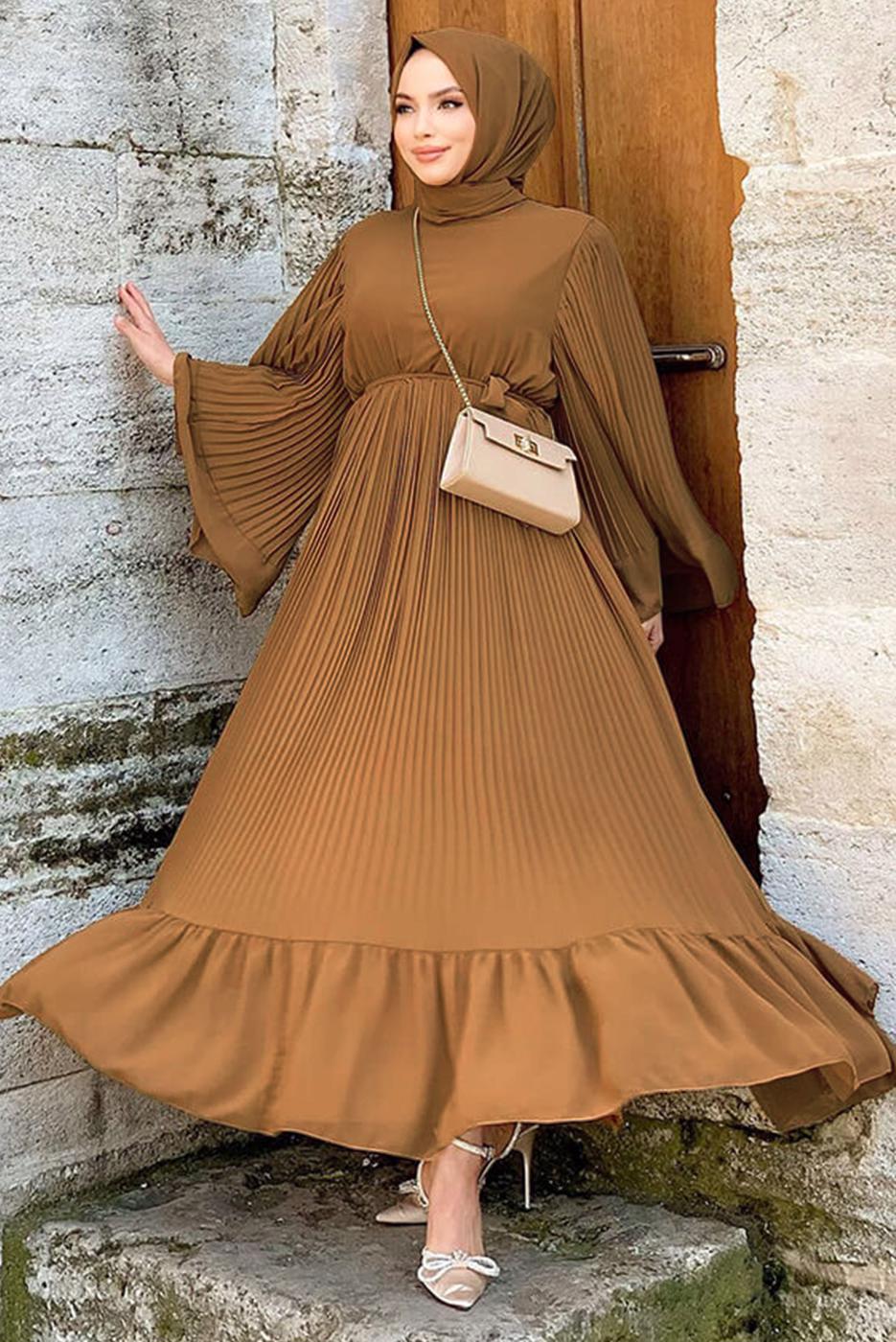 Tesettür giyim TABA PİLİSELİ KUŞAKLI ELBİSE T 4043