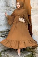 Tesettür giyim TABA PİLİSELİ KUŞAKLI ELBİSE T 4043