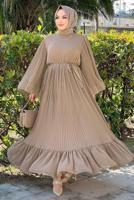 Tesettür giyim VİZON PİLİSELİ KUŞAKLI ELBİSE T 4043