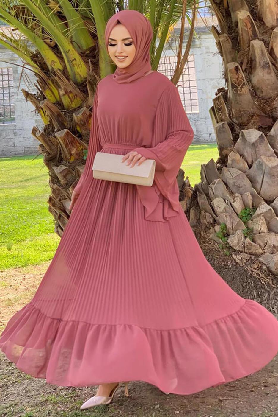 Hijab clothing PINK PLEATED BELTED DRESS T 4043