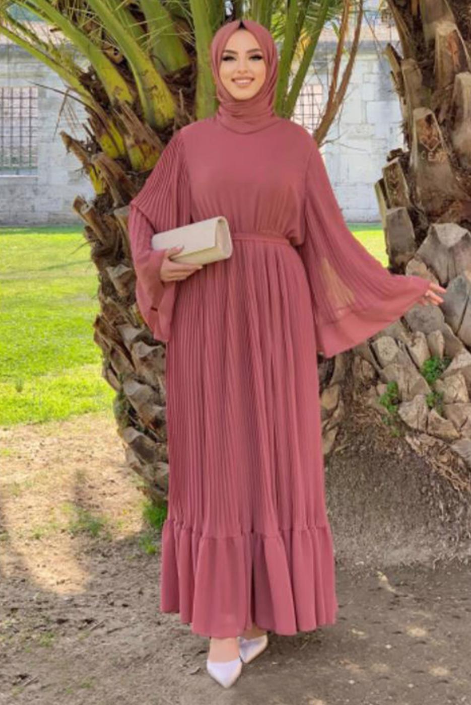 Hijab clothing PINK PLEATED BELTED DRESS T 4043