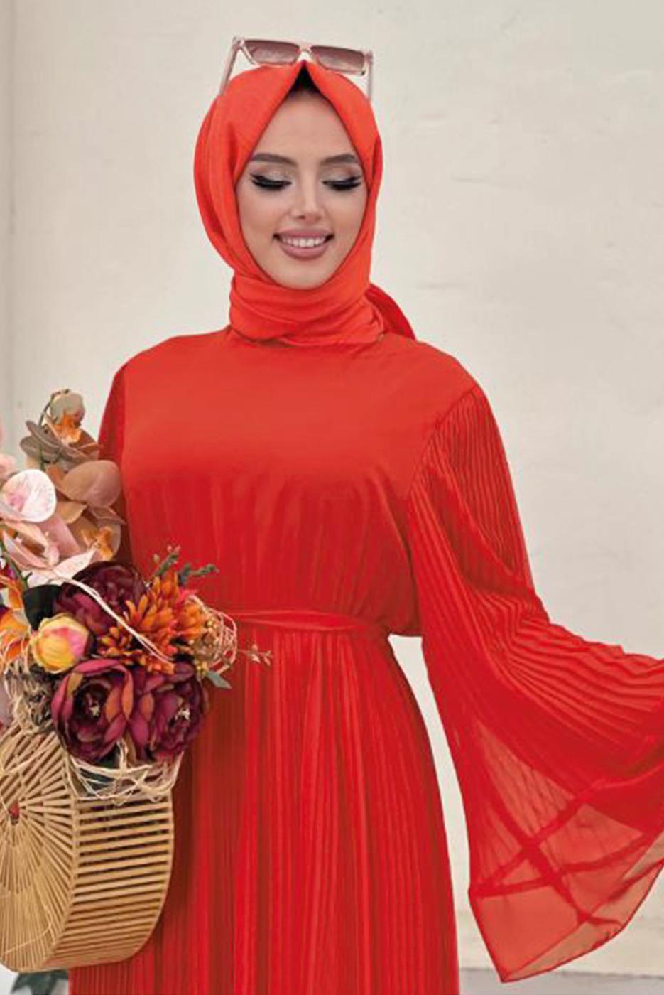 Tesettür giyim TURUNCU PİLİSELİ KUŞAKLI ELBİSE T 4043