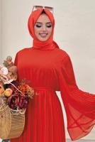 Tesettür giyim TURUNCU PİLİSELİ KUŞAKLI ELBİSE T 4043