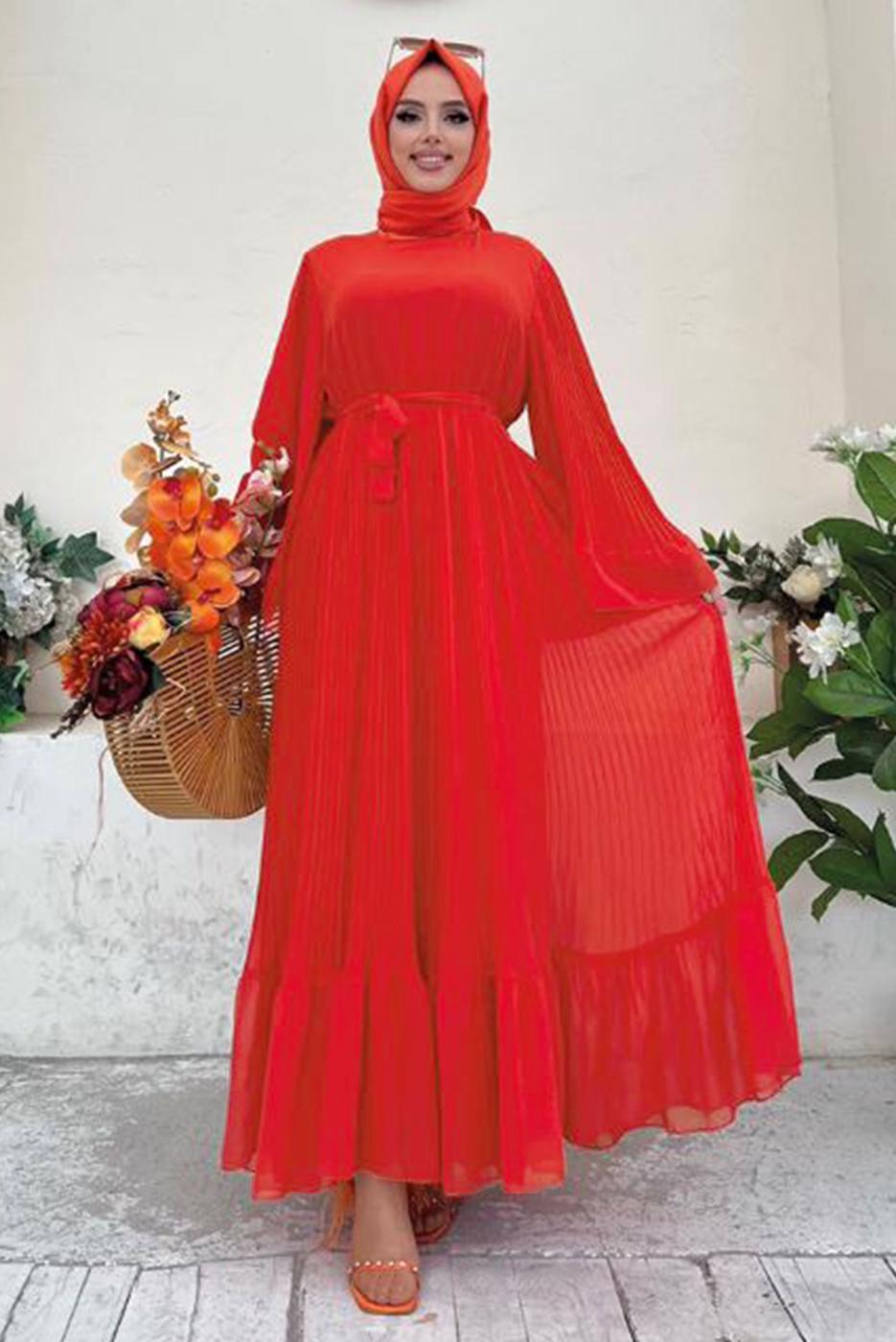 Tesettür giyim TURUNCU PİLİSELİ KUŞAKLI ELBİSE T 4043