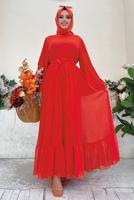 Tesettür giyim TURUNCU PİLİSELİ KUŞAKLI ELBİSE T 4043