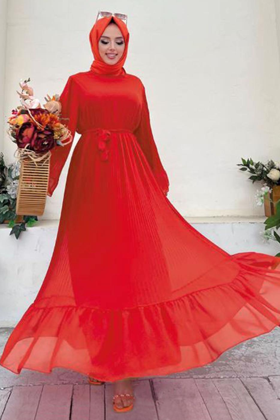 Tesettür giyim TURUNCU PİLİSELİ KUŞAKLI ELBİSE T 4043