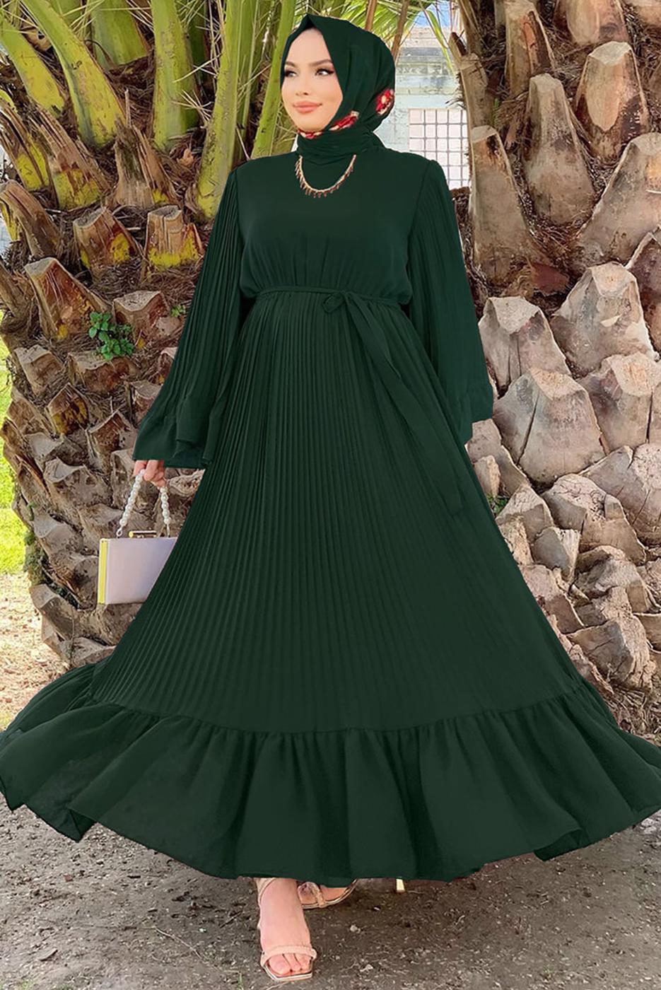 Tesettür giyim YEŞİL PİLİSELİ KUŞAKLI ELBİSE T 4043