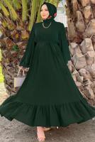 Tesettür giyim YEŞİL PİLİSELİ KUŞAKLI ELBİSE T 4043