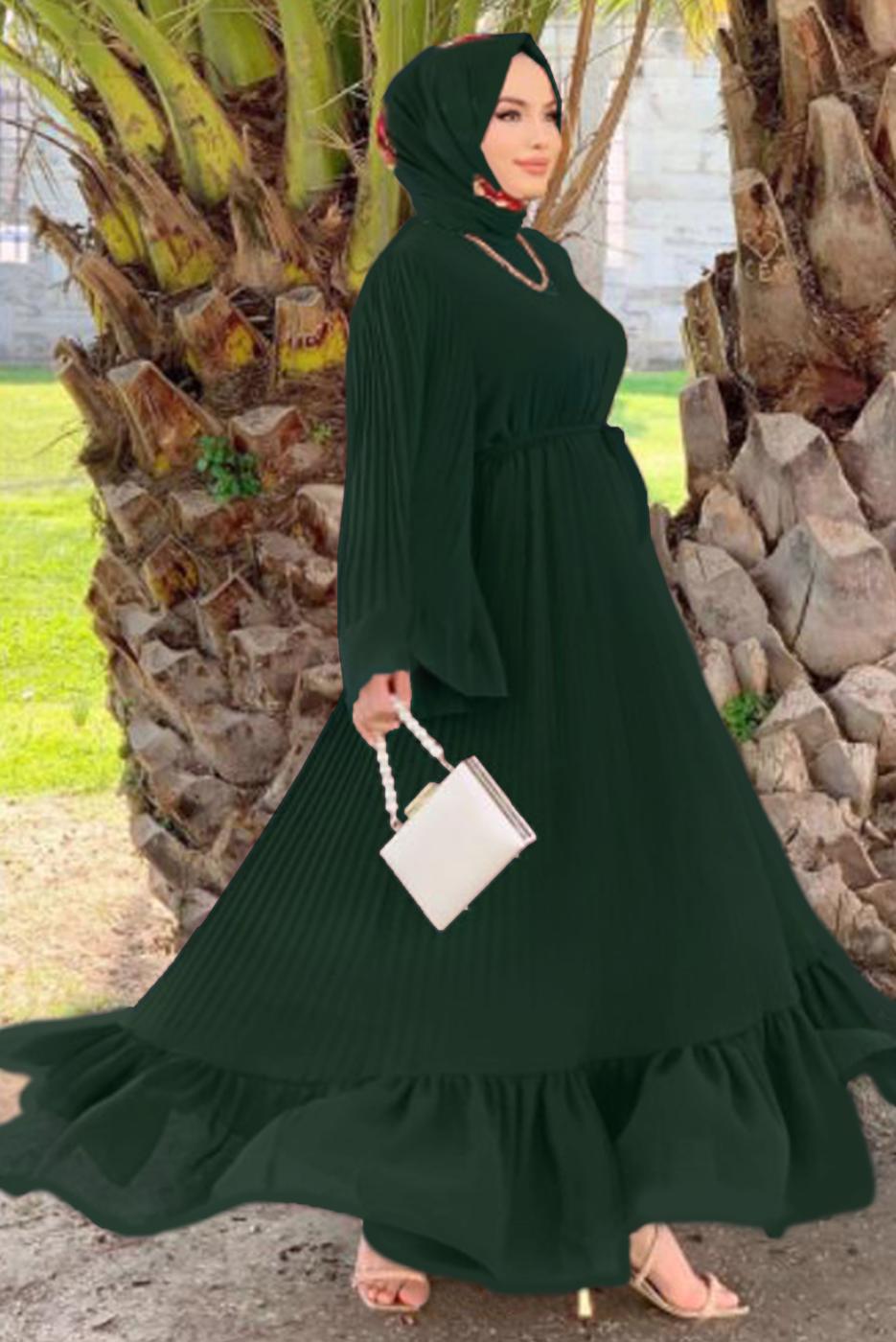 Tesettür giyim YEŞİL PİLİSELİ KUŞAKLI ELBİSE T 4043