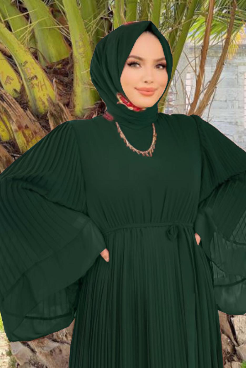 Tesettür giyim YEŞİL PİLİSELİ KUŞAKLI ELBİSE T 4043